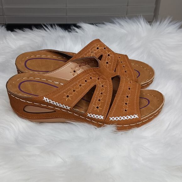 Women's Retro Round Heeled Open Toe Wedges NWT - Picture 6 of 12